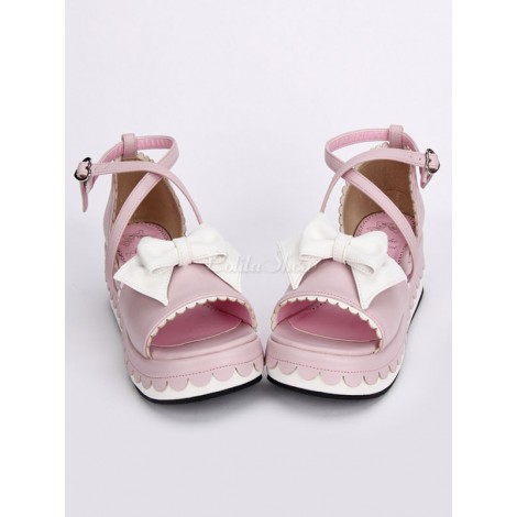 ピンク ロリータ プラットフォーム サンダル白弓足首ストラップ ハート形バックル