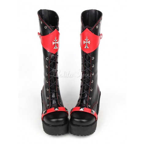 ロリータブーツ　ブラック　PU　丸いつま先　チャンキーヒール