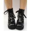 ブラック ロリータ ブーツつま先ロリータ ショート ブーツ レースアップ ラウンド プラットフォーム チャンキーヒール