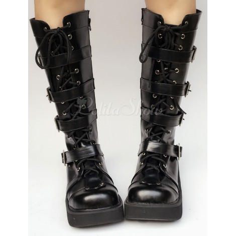 ブラック ロリータ ブーツ ウェッジつま先バックル ロリータ ショート ブーツ レースアップ ラウンド プラットフォーム