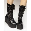 ロリータ プラットフォーム ブーツ ブラック ウェッジ バックル丸いつま先ロリータ ショート ブーツ レースアップ