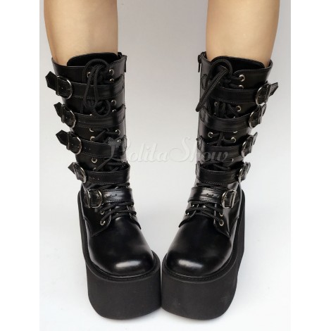 ロリータ プラットフォーム ブーツ ブラック ウェッジ バックル丸いつま先ロリータ ショート ブーツ レースアップ