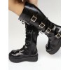 ブラック ロリータ ブーツ ウェッジつま先バックル ロリータ ショート ブーツ レースアップ ラウンド プラットフォーム