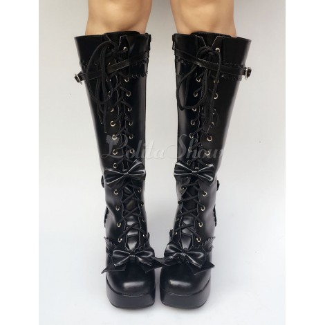 ブラック ロリータ ブーツ ニーハイ チャンキーヒール プラットフォーム バックル ロリータ取り外し可能なリボン付きロングブーツ レースアップ