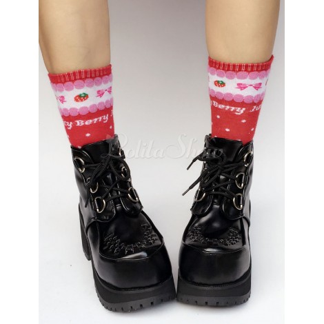 ブラック ロリータ ブーツ プラットフォーム チャンキーヒール ダイヤモンド ポイントつま先は編み上げロリータ ショート ブーツ