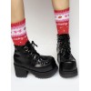 ブラック ロリータ ブーツ プラットフォーム チャンキーヒール ダイヤモンド ポイントつま先は編み上げロリータ ショート ブーツ