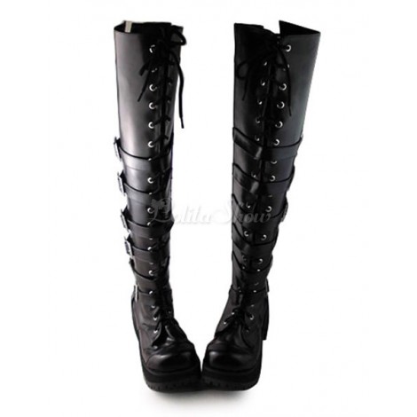 ロリィタシューズ　ブラック　チャンキーヒール　ブーツスタイル　パーティー　可愛い　丸いつま先