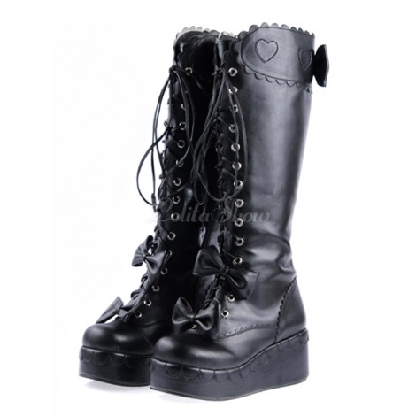ロリータブーツ，ラウンドトゥ　PU　ウェッジソール　ブラック　ミッドカーフ(筒丈15～34cm)