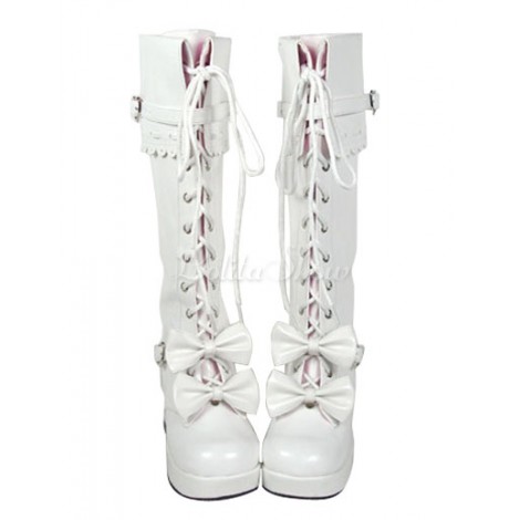 ロリータブーツ　チャンキーヒール　ホワイト　PU　ミッドカーフ(筒丈15～34cm)　丸いつま先