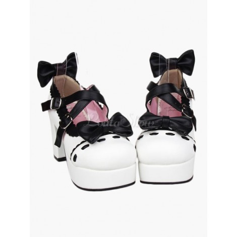 ロリータ靴，ホワイト　ラウンドトゥ　リボン　おでこ靴　アンクルストラップ　コスプレ　少女らしい