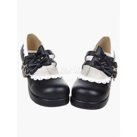 ロリィタシューズ　チャンキーヒール　丸いつま先　スウィート　ロリィタパンプス　リボン　PU