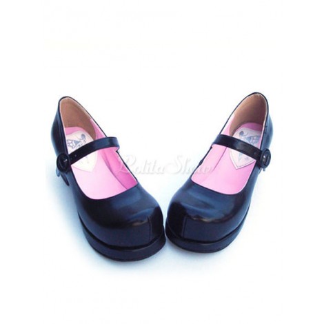 ロリィタ靴　ブラック　丸いつま先　PU　チャンキーヒール