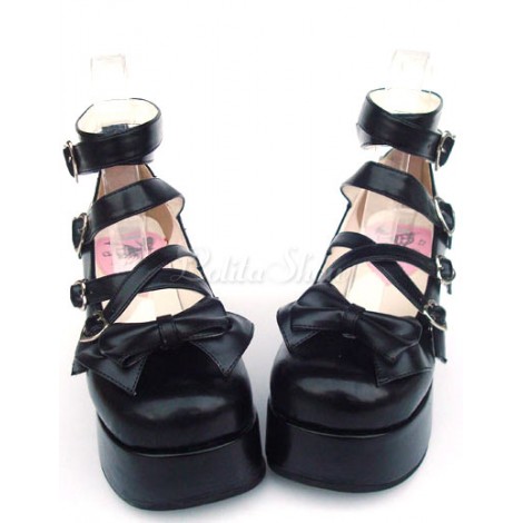 スウィート　ロリィタパンプス　プラットフォームシューズ　ブラック　PU　ハートバックル　リボン　アンクルストラップ