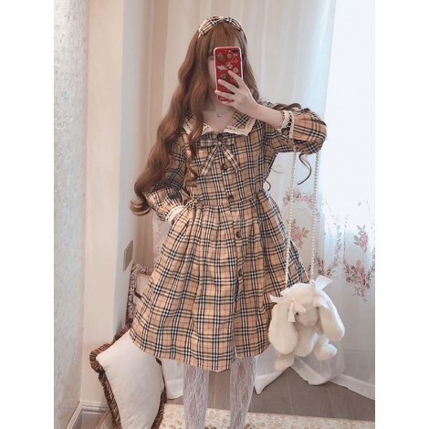 古典的なロリータオーバーコートボウチェック柄ボタン綿リネンカキリリータコート