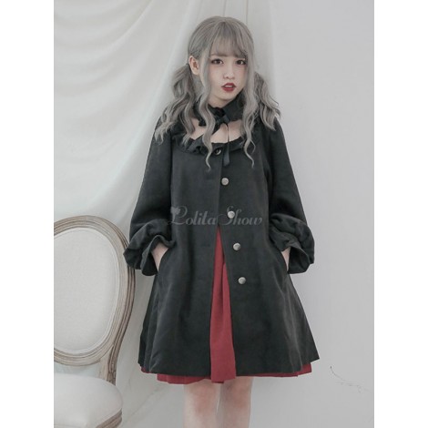 クラシックロリータコートファンタジーフリルボタンアップブラックロリータオーバーコート