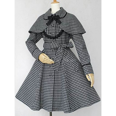ロリィタアウターウェア　コート　クラシック＆トラディション　格子縞　綿混紡　ブラック　折り襟　長袖