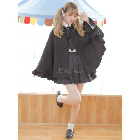ロリィタケープ　ブラック　フリル　ゴシック　ポリエステル綿混紡　カジュアル　無地