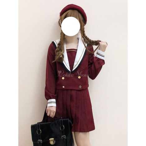 プリーツスカート付きセーラースタイルロリータ衣装赤刺繍ダブルブレスト長袖トップ