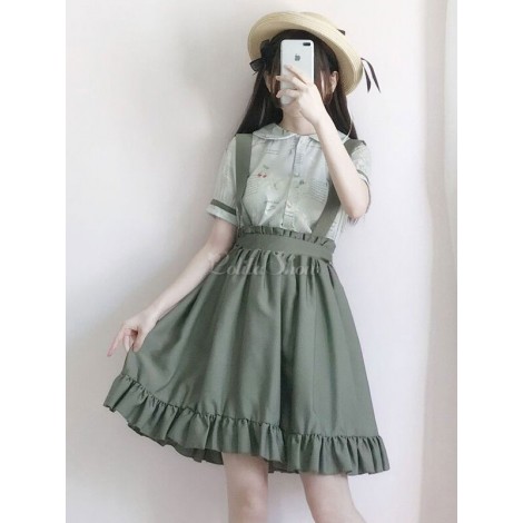 半袖シフォンシフォンブラウスと古典的なロリータ衣装グリーンボウラッフルジャンパースカート