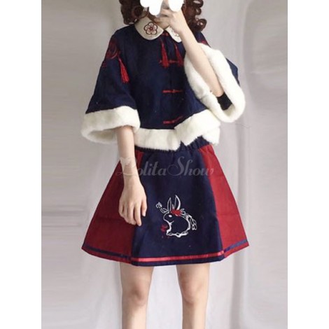 中国スタイルのロリータ着用の月の本タッセル毛皮の刺繍ロリータトップスカート