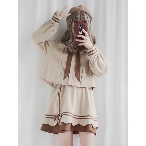 甘いロリータの衣装アーモンドのココアの弓のストライププリーツアプリコットロリータセット