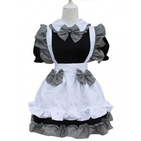 甘いロリータ衣装フレンチメイドスタイルのボウフリルチェック綿ロリータOPドレスエプロン