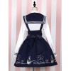 セーラーロリータドレスセットプリントリボンボタンダークネイビーロリータドレスコットンブラウス