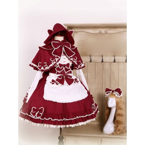 ロココロリータJSKジャンパースカート　2020　ケープカラー　フリル　Aライン　ワイン赤ロリータドレス　リボン　ロングスリーブ　アイドル衣装