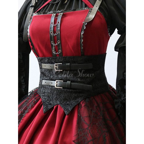 クラシックロリータコルセットメタリックバックルジャガードレースアップブラックロリータビスチェ