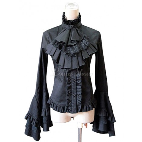 コットン　ロリィタブラウス　レース　フリル　長袖　姫袖　スタンドカラー　レースアップ