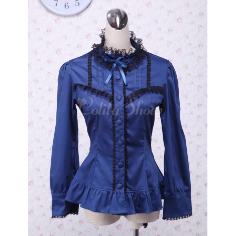 ブルー　ロリィタブラウス　スタンドカラー　長袖　レーストリム　コットン