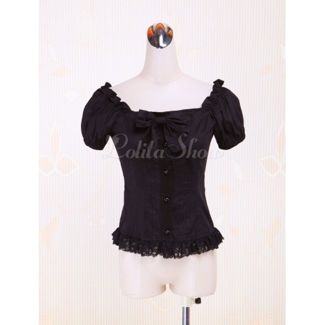 ロリータブラウス，ブラック　スクエアネック　リボン　コットン　ショートスリーブ