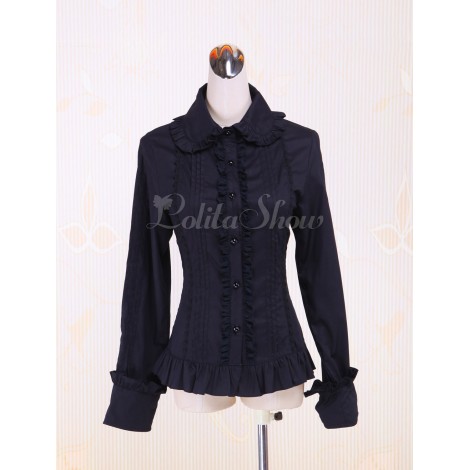 ロリータブラウス，ブラック　レースアップ　ロングスリーブ　コットン