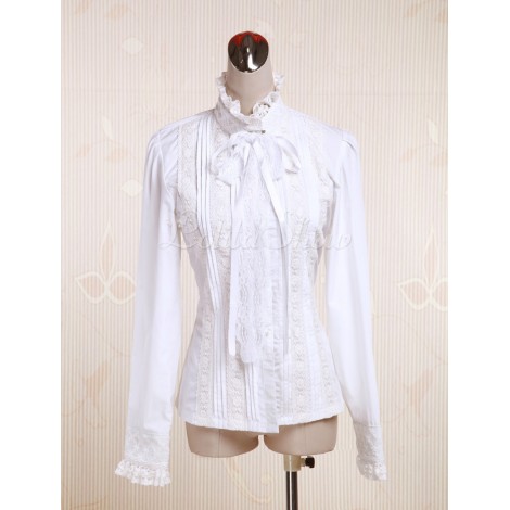 ロリィタブラウス　ロリータ服　トップス　シャツ　ゴスロリ　甘ロリ　クラロリ　ゴシック　スウィート　クラシック　長袖　スタンドカラー　レーストリム　コットンお茶会　デート　入学式　卒業式　イベント