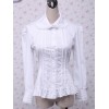 ロリータブラウス，ホワイト　リボン　姫袖　レース　コットン　ロングスリーブ