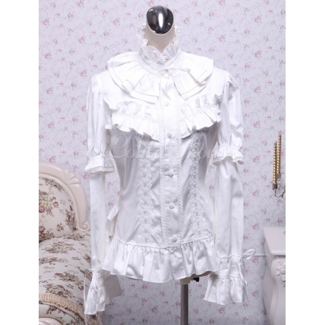 コットン　ロリィタトップス　長袖　ブラウス　フリル　スタンドカラー　リボン