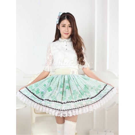 ロリータ服　スカート　グラスグリーン　スィート　プリント　レース　クローバー