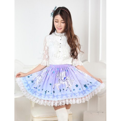 ブルーユニコーンプリントロリータスカート　2020　レース　アイドル衣装