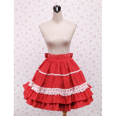 ロリータスカート　甘ロリ　ロリィタ　レッド　水玉模様　レース　スィート　コットン　ティアド　お茶会　イベント　デート　入学式　卒業式