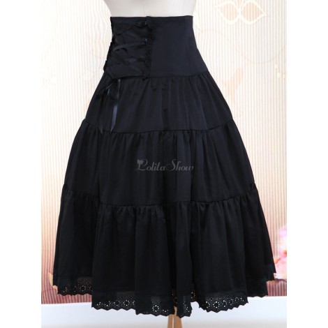 ゴスロリ　ピュアブラックコットンロリータロングスカート　ハイウェスト　フリル　トリム　アイドル衣装