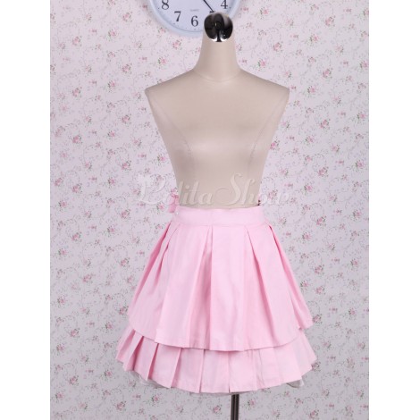 ロリータスカート，ピンク　ラッフル　プリーツ　レース　スイート　コットン