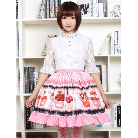 ピンクのロリータ ドレス甘いカップケーキ プリント ロリータ スカート フリル トリム