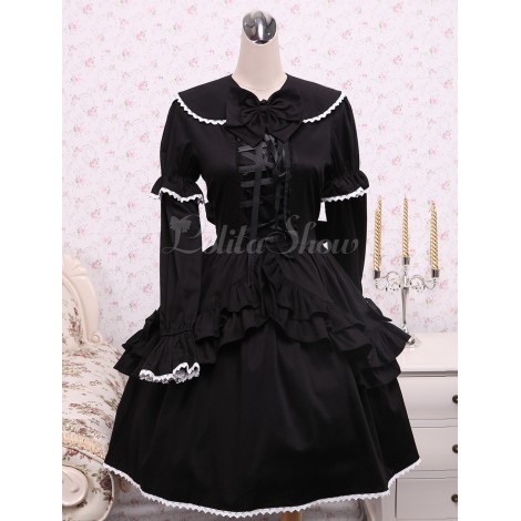 コットンブラックゴスロリワンピース　レースアップ　フリル　リボン　長袖ドレス