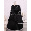 コットンブラックゴスロリワンピース　レースアップ　フリル　リボン　長袖ドレス
