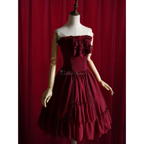 コルセット　シャーリング　レトロ　コットン　パーティー　ワインレッド