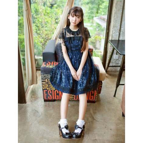 ロリィタドレス　ディープブルー  プリント柄　レース　可愛い