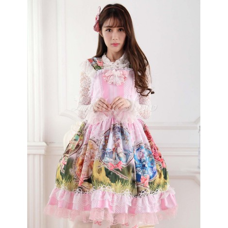 ロリィタジャンパースカート　ピンク　カジュアル　スウィート　ポリエステル　プリント柄　レース