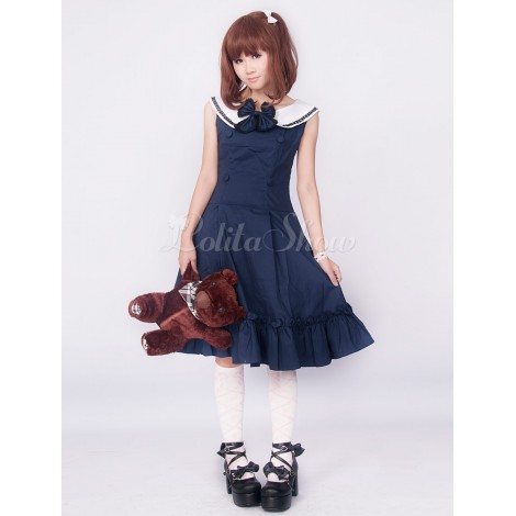 ディープブルー　ジャンパースカート　ノースリーブワンピース　リボン　フリル　学園風