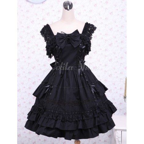 ゴスロリ　ゴシックロリィタドレスJSK　レースフリル　トリムロリータジャンパースカート　ブラック　リボン　アイドル衣装