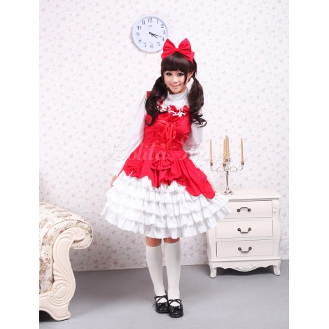 ゴスロリ　ロリータジャンパースカート　レッド＆ホワイト　バイカラー　ラッフル　女の子らしさ満点　スィート　コットン